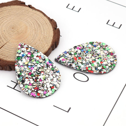 FL0010 - 10 pcs. Rainbow Multicolor Glitter Faux Leather Dangle Charms Pendants - Teardrop - 57mm (2.25") - Great for Light Earrings! - Double-Sided