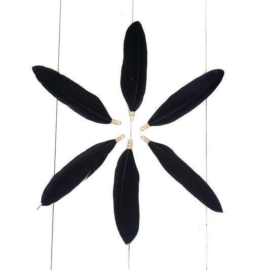 E334 - 10 pcs Black Dangle Charms Pendants - Feather - Gold Plated Crimps - 60mm (2.4") to 85mm (3/4") - Great for Light Earrings or Dangles!