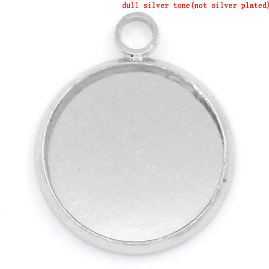 P430 - 10 pcs. Silver Tone Circle Round Bezel Cabochon Pendant Tags Trays - 14mm Glue Pad