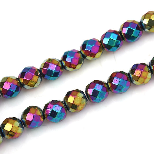 BD359 - 65 pcs. - 6mm Rainbow Multicolor Hematite Faceted Round Beads - 15 6/8 inch strand (40cm) - 0.8mm Hole Size - Grade A
