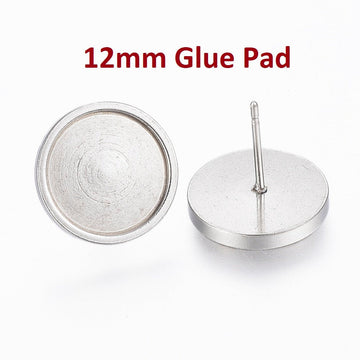 E541 - 10 pcs. 304 Stainless Steel Earring Posts Studs Settings Bezels Cabochons Tacks - 12mm Glue Pad Setting - Silver Tone - Flat Thick Bezel