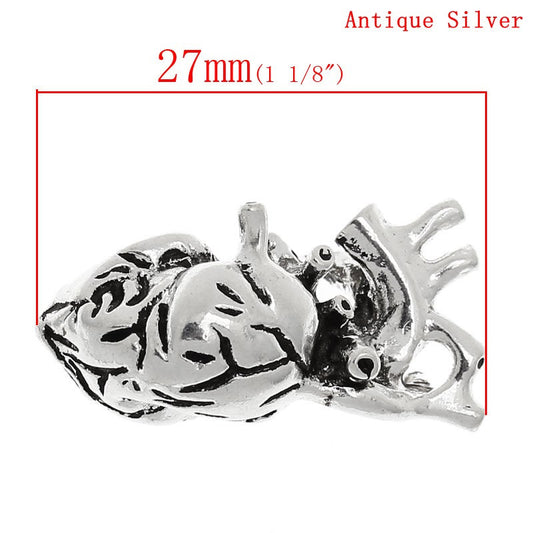 P203B - 5pcs. Antique Silver Anatomical Organ Human Heart Medical Charms Pendants - 27mm X 13mm