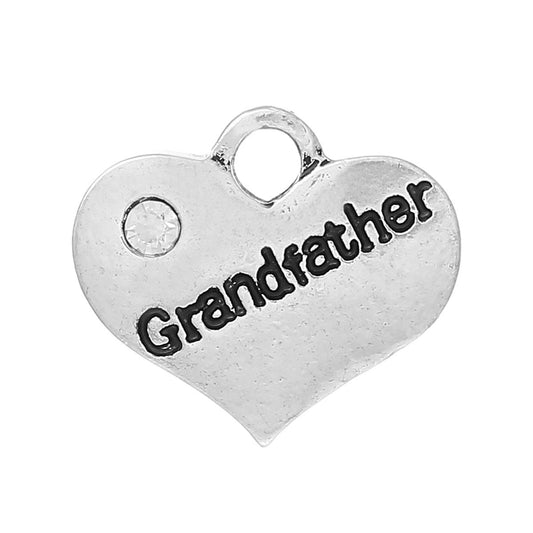 P082 - 4 pcs. Antique Silver "Grandfather" charm with rhinestone - 16mm X 14mm