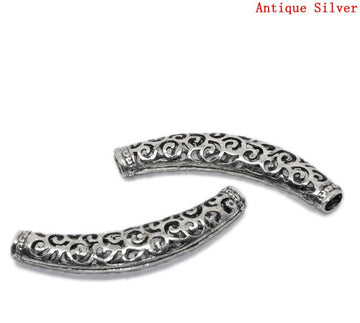 BD461 - 10 pcs. Antique Silver Noodle Carved Hollow Filigree Pattern Tube Extra Long Curved Beads - 64mm x 13mm (2 1/2" x 1/2")