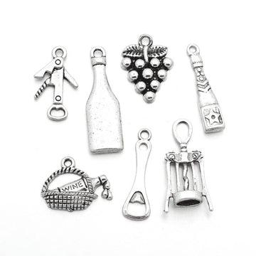 P284 - 7 pcs. Silver Tone Wine Charms Pendants with Jump Rings- 15mm - 30mm - Variety - Assortment - Mix - Set B