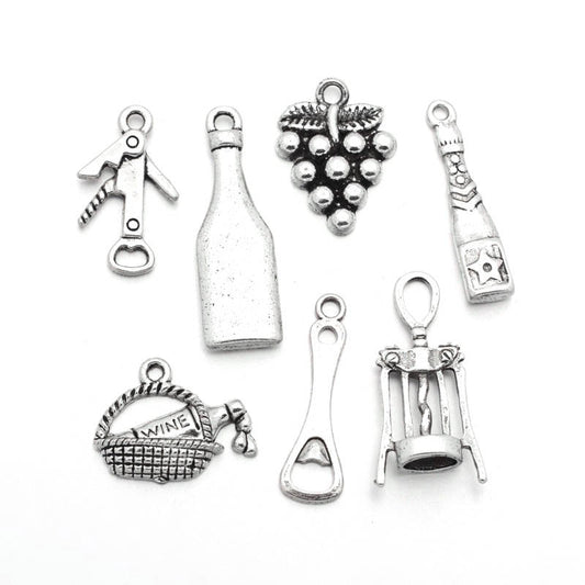 P284 - 7 pcs. Silver Tone Wine Charms Pendants with Jump Rings- 15mm - 30mm - Variety - Assortment - Mix - Set B