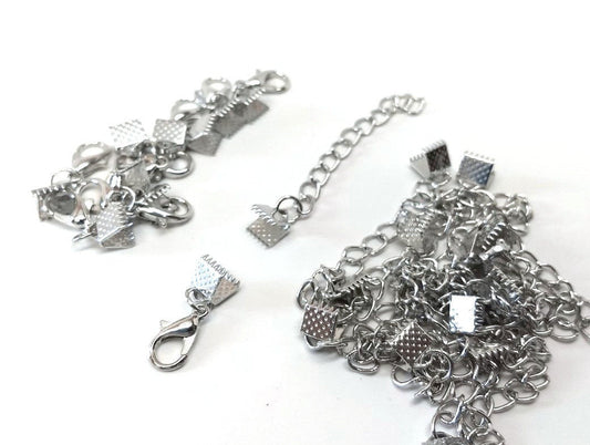 BBC003 - 10 sets - Silver Tone Bracelet and Necklace End Tips Crimps with Lobster Claw Clasps and Extender Chains - For 10mm Wide Cords