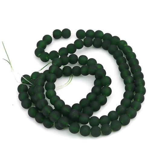 BD727 - 8mm Dark Green Frosted Glass Round Beads - 16" strand - Approx 50-52 beads per strand - Hole Size: 1.1mm