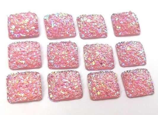 CA793 - 10 pcs Druzy Resin Embellishment Cabochons Pink Multicolor AB - 12mm - Square - Dome Style