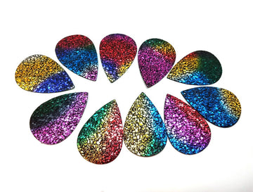 P2219 - 10 pcs. Rainbow Multicolor Glitter Faux Leather Dangle Charms Pendants - Teardrop - 55mm (2.17") - Great for Earrings! Double Sided