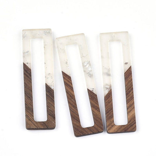 MP0017 - 4 pcs. Clear and Silver Foil Resin and Wood Rectangle Flat Pendant - 61mm x 17mm - (2.4" x 0.7") - Great for Earrings and Necklaces!