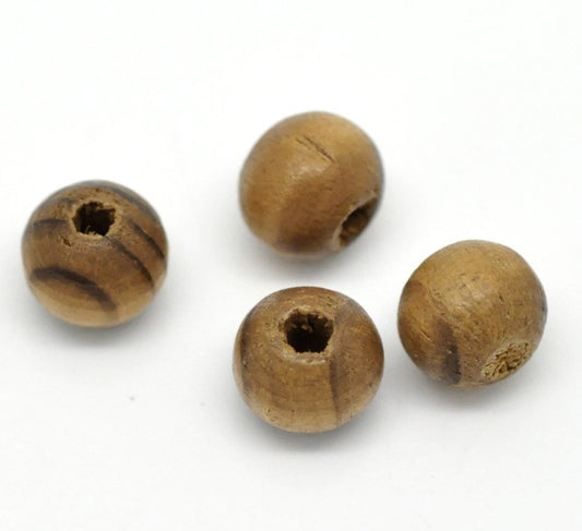 BD516 - 800 pcs Brown Coffee Striped Wooden Wood Round Spacer Beads - 8mm (0.32") - Hole Size: 2mm