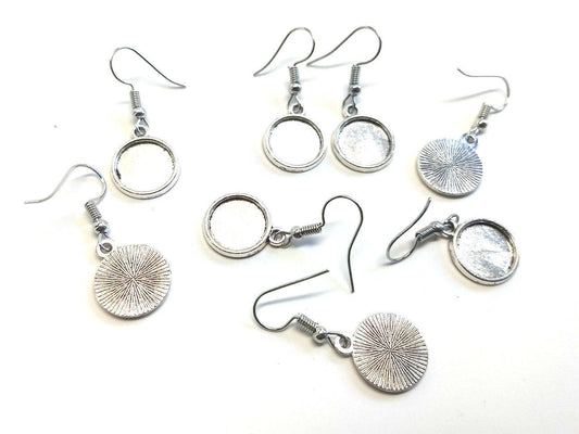 E457 - 10 pcs. Antique Silver Tone Earring Dangle Hooks Settings Bezels Cabochons - 12mm Glue Pad Setting