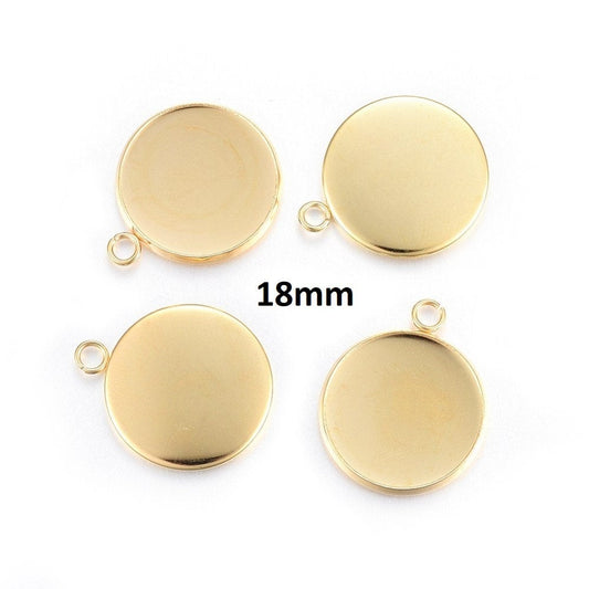 P367A - 5 pcs. 304 Stainless Steel Circle Round Bezel Pendant Tags Trays - 18mm Glue Pad Setting - Golden - Tarnish Resistant!