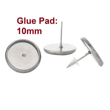 E319A - 10 pcs. 304 Stainless Steel Earring Posts Studs Settings Bezels Cabochons Tacks - 10mm Glue Pad Setting - Silver Tone