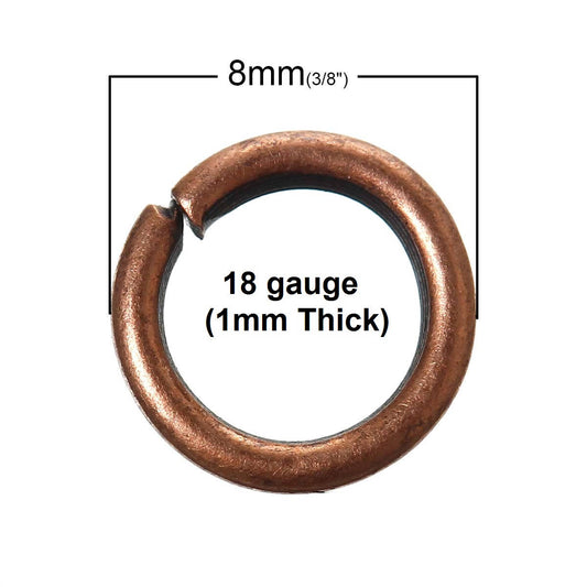 J092 - 100 pcs Antique Copper Open Jump Rings - 8mm - 18 Gauge (1mm Thickness)