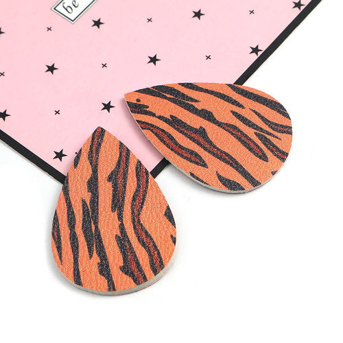 P1051 - 10 pcs. Tiger Faux Leather Dangle Charms Pendants - Teardrop - Orange Black - 54mm (2.13") - Double Sided