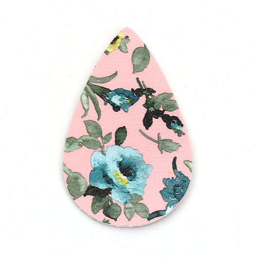 P879 - 10 pcs. Pink Floral Faux Leather Dangle Charms Pendants - Teardrop - 56mm (2.2") - Double Sided - Great for Earrings, Necklaces or Dangles