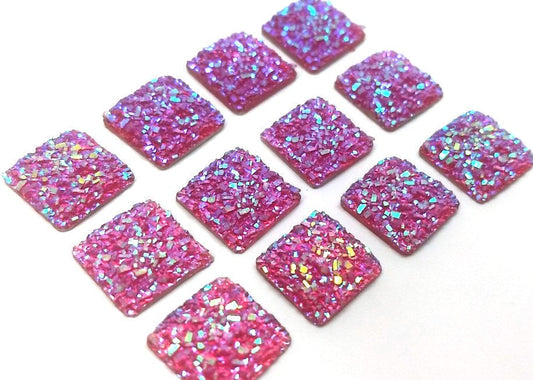 CA794 - 10 pcs Druzy Resin Embellishment Cabochons Ruby Red Pink Multicolor AB - 12mm - Square - Dome Style