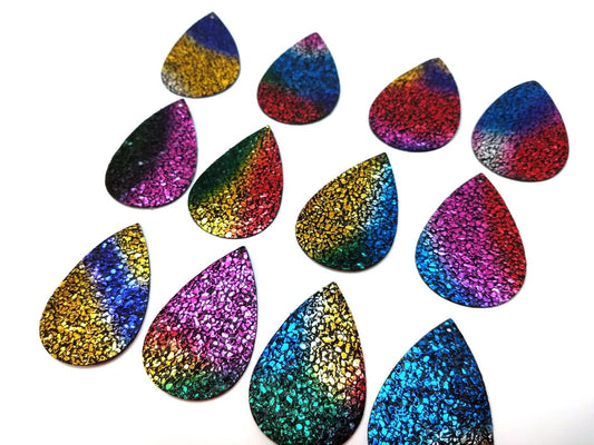 P2219 - 10 pcs. Rainbow Multicolor Glitter Faux Leather Dangle Charms Pendants - Teardrop - 55mm (2.17") - Great for Earrings! Double Sided