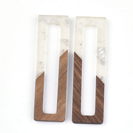 MP0017 - 4 pcs. Clear and Silver Foil Resin and Wood Rectangle Flat Pendant - 61mm x 17mm - (2.4" x 0.7") - Great for Earrings and Necklaces!