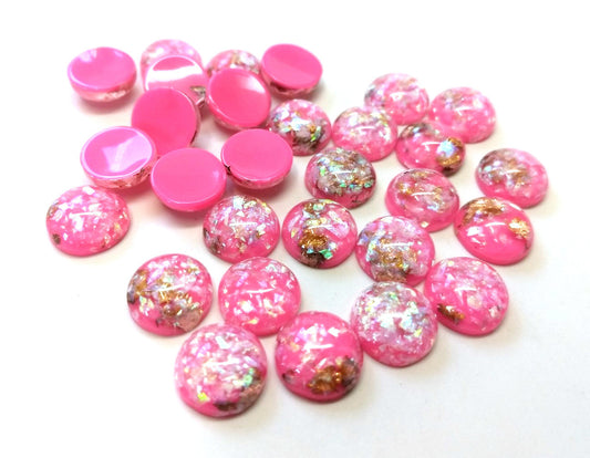 CA817 - 10 pcs Resin Round Embellishment Circle Cabochons Metal Foil Hot Pink, White, Gold - 10mm - Multi-Color Glitter
