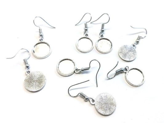 E457 - 10 pcs. Antique Silver Tone Earring Dangle Hooks Settings Bezels Cabochons - 12mm Glue Pad Setting