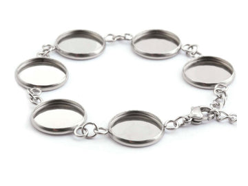 B044 - 3 pcs. 304 Stainless Steel Silver Tone Chain Bracelets - 6.1" (15.5cm) - 12mm Bezels - Extends to 7.09" (20cm) with Extender Chain!