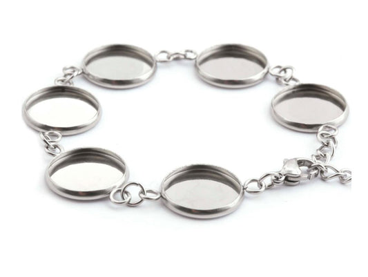 B044 - 3 pcs. 304 Stainless Steel Silver Tone Chain Bracelets - 6.1" (15.5cm) - 12mm Bezels - Extends to 7.09" (20cm) with Extender Chain!