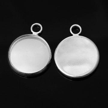 P458 - 10 pcs. Silver Tone Circle Round Bezel Cabochon Pendant Tags Trays - 12mm Glue Pad - 17x14mm - Single Loop