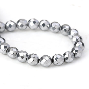 BD360 - 65 pcs. - 6mm Silver Tone Hematite Faceted Round Beads - 15 6/8 inch strand (40cm) - 0.8mm Hole Size - Grade A