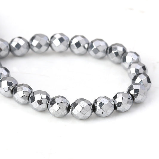 BD360 - 65 pcs. - 6mm Silver Tone Hematite Faceted Round Beads - 15 6/8 inch strand (40cm) - 0.8mm Hole Size - Grade A