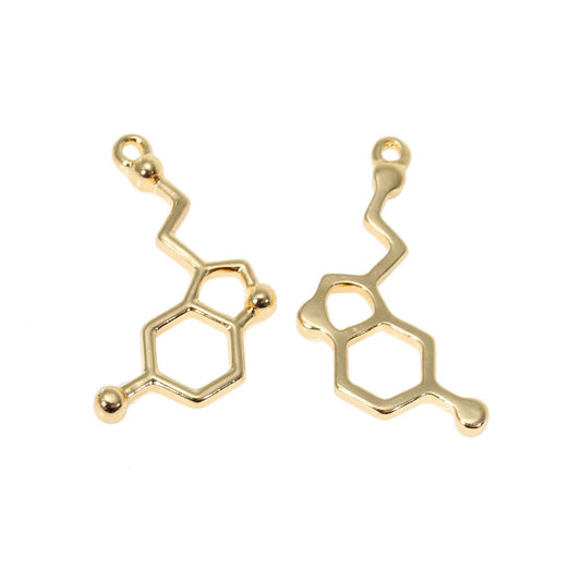 P212 - 10 pcs. Gold Plated Chemistry Science Molecule Serotonin Charms Pendants - 25mm x 13mm - 1 in x 0.5 in