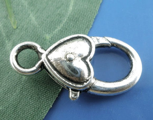 CL094 - 20 pcs. Antique Silver Heart Lobster Clasps - 27mm X 13mm (1 inch) - Claw Clasps