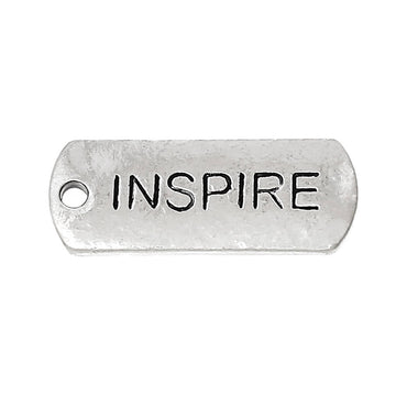 P687 - 30 pcs. Antique Silver "Inspire" Rectangle Charms Pendants - 21mm x 8mm - Hole Size: 2mm