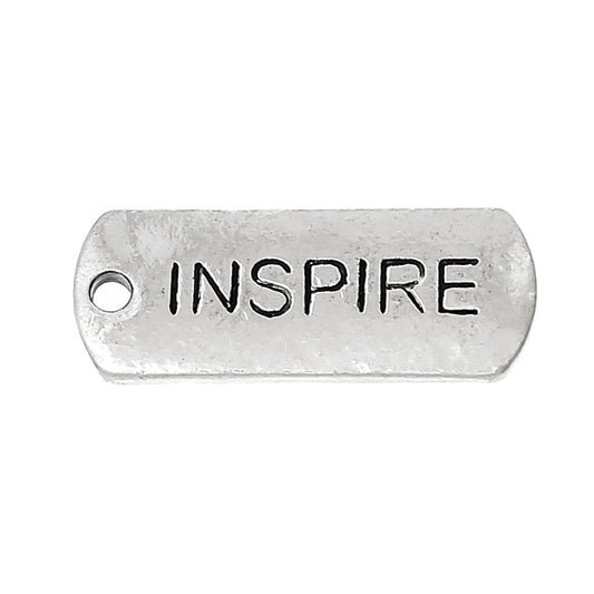 P687 - 30 pcs. Antique Silver "Inspire" Rectangle Charms Pendants - 21mm x 8mm - Hole Size: 2mm