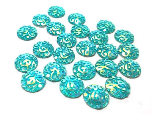CA163 - 10 pcs Druzy Resin Embellishment Cabochons Aqua Blue Multicolor - 12mm - Dome Circle - Textured Music Symbol Design - Treble Clef