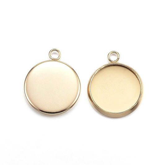P790 - 10 pcs. 304 Stainless Steel Gold Circle Round Bezel Cabochon Pendant Tags Trays - 12mm Glue Pad - Single Loop - Hypoallergenic