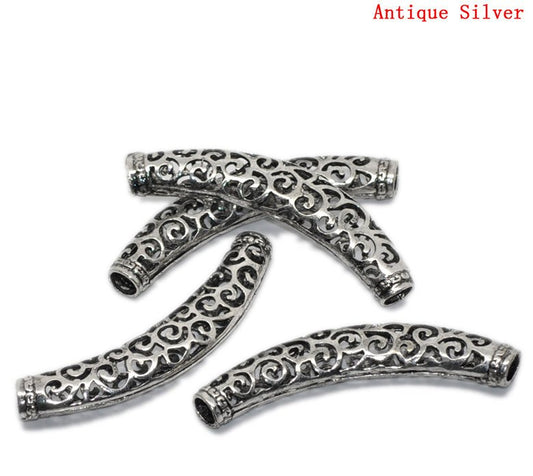 BD461 - 10 pcs. Antique Silver Noodle Carved Hollow Filigree Pattern Tube Extra Long Curved Beads - 64mm x 13mm (2 1/2" x 1/2")