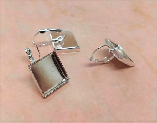 E326 - 10 pcs. Silver Plated Earring Clips Settings Lever Back Bezels Cabochons - 16mm Glue Pad Setting - Square
