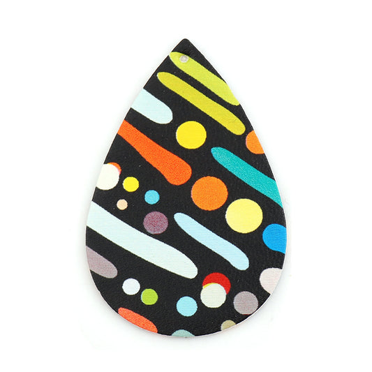 P1052 - 10 pcs. Black and Rainbow Stripe Dot Faux Leather Dangle Charms Pendants - Teardrop - 56mm (2.2") - Great for Earrings! Double Sided