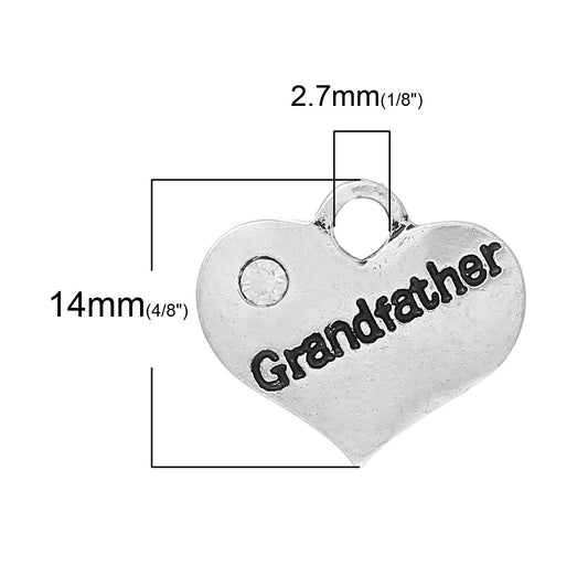 P082 - 4 pcs. Antique Silver "Grandfather" charm with rhinestone - 16mm X 14mm