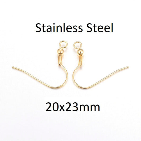 E473 - 50 pcs 304 Stainless Steel Golden Earring Hooks with Spring and Ball - 20mm x 23mm - Hole: 2mm - 0.8mm Pin - Dull Gold
