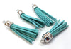 P139 - 10 pcs. Blue Teal Faux Suede Tassel Dangle Charms Pendants - Silver Tone - 6cm (2 3/8") x 1.2cm (1/2") - Great for Light Earrings &amp; Dangles!
