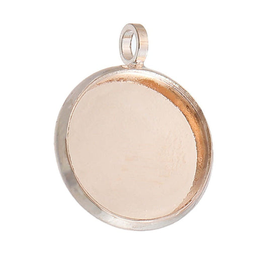P431 - 10 pcs. Rose Gold Plated Circle Round Bezel Cabochon Pendant Tags Trays - 12mm Glue Pad - 18x14mm - Single Loop - Hole Size: 1.8mm
