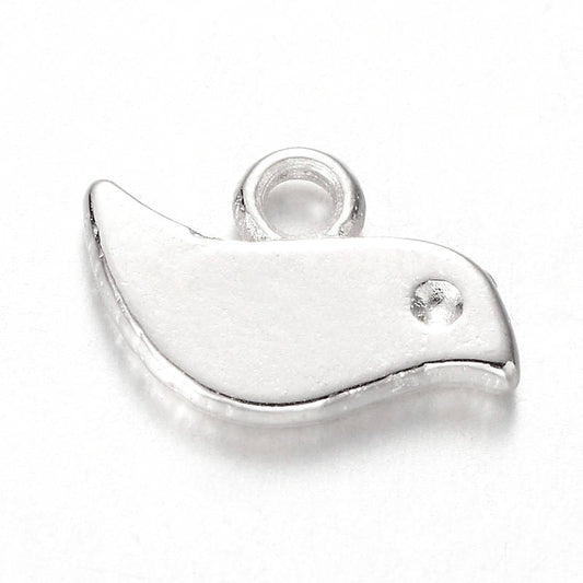 P348 - 10 pcs. Silver Plated Shiny Bird Charms Pendants - 11mm x 7mm - Small