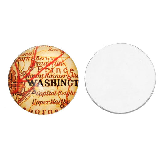 CA403 - 15 pcs. Circle "Washington" Round Glass Dome Seals Tiles Cabochons Embellishments - 25mm (1 in) - 1" - World Map Design