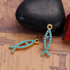 P285 - 5 pcs. Gold Plated Green Blue Imitation Turquoise Evil Eye Cabochons Jesus Ichthys Fish Charms Pendants - 26mm x 7mm (1" x 1/4")