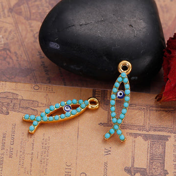 P285 - 5 pcs. Gold Plated Green Blue Imitation Turquoise Evil Eye Cabochons Jesus Ichthys Fish Charms Pendants - 26mm x 7mm (1" x 1/4")