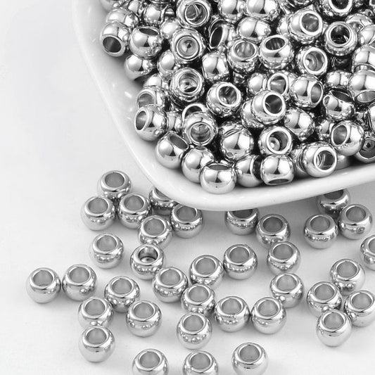 BD031 - 200 pcs Silver Tone Smooth Drum Spacer Beads - 7mm x 5mm - Large Hole: 4mm - Fits European Cords!